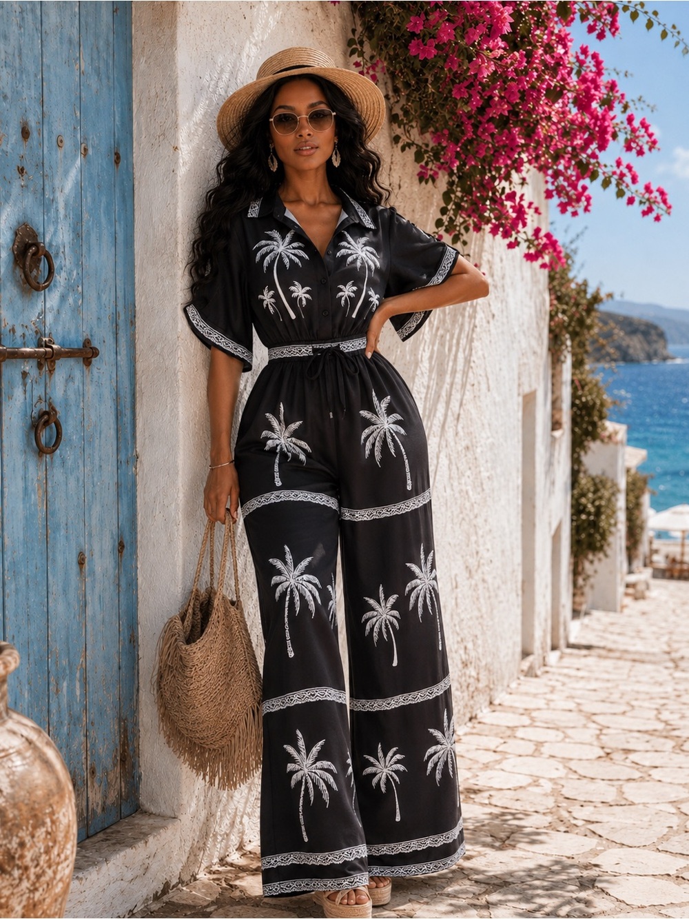 Black Palm-Print Wide-Leg Jumpsuit